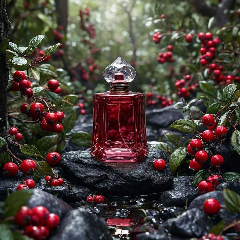 A crimson perfume bottle rests on dark stones
