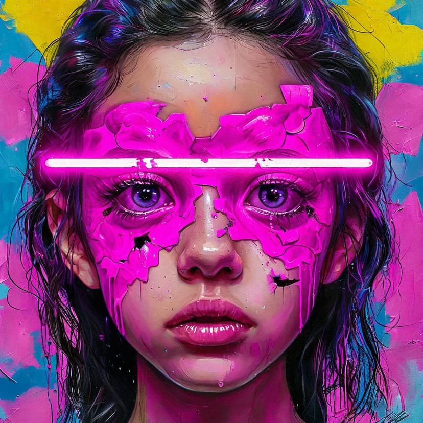 A girl’s face bursts with neon pink