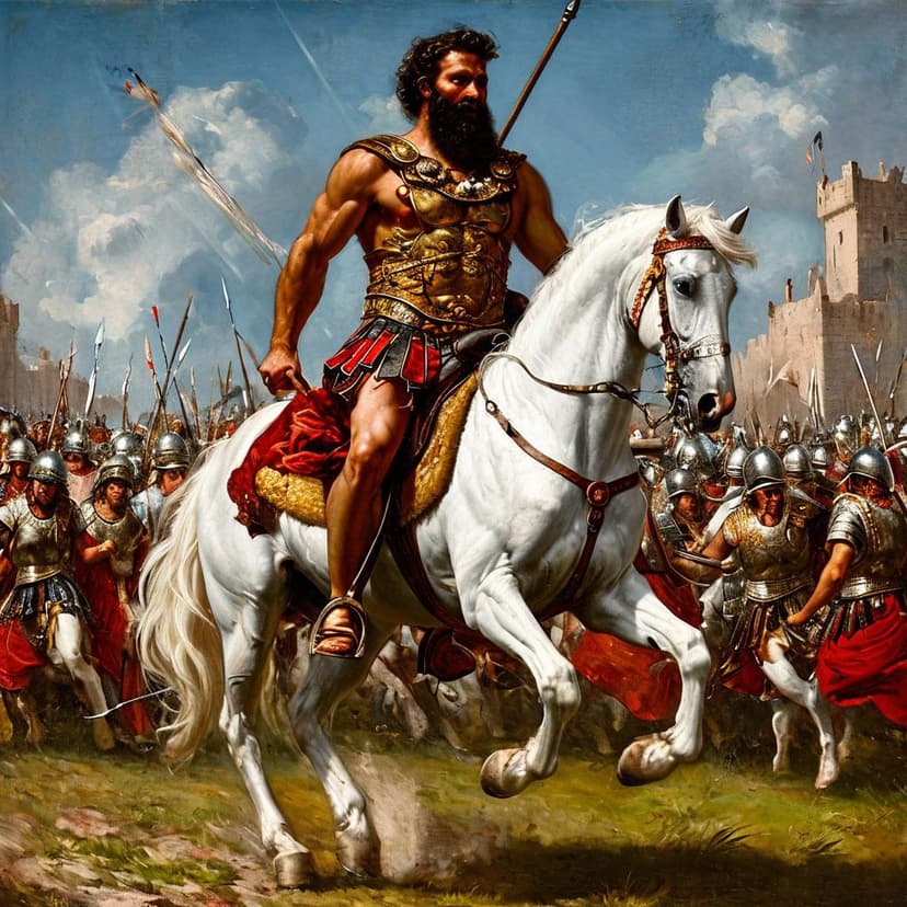 A 17th-century masterpiece shows a dark-bearded Roman gladiator upon a rearing white horse amid a medieval clash
