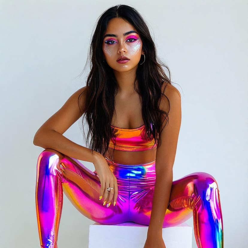 A young Mexican woman in glossy leggings poses boldly