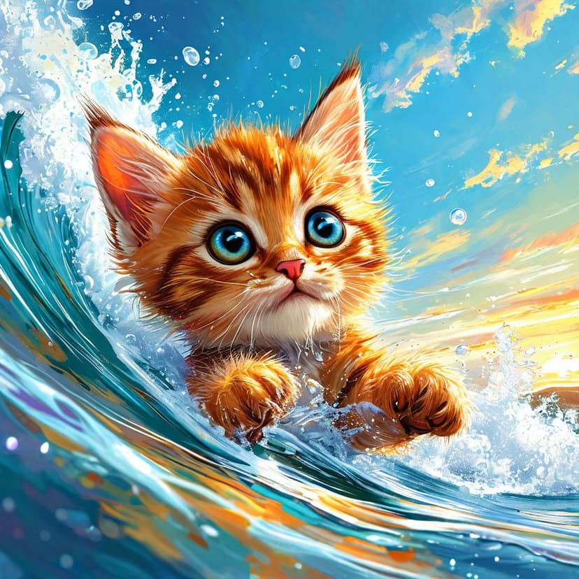 A cartoon kitten wobbles on bright waves