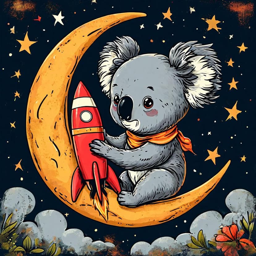 A 1950s-style koala mascot on a crescent moon holds a vintage rocket. Bold outlines and chibi charm define this nostalgic