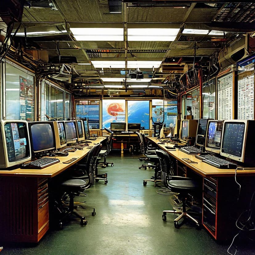 An 80s computer lab aglow with screens and wires