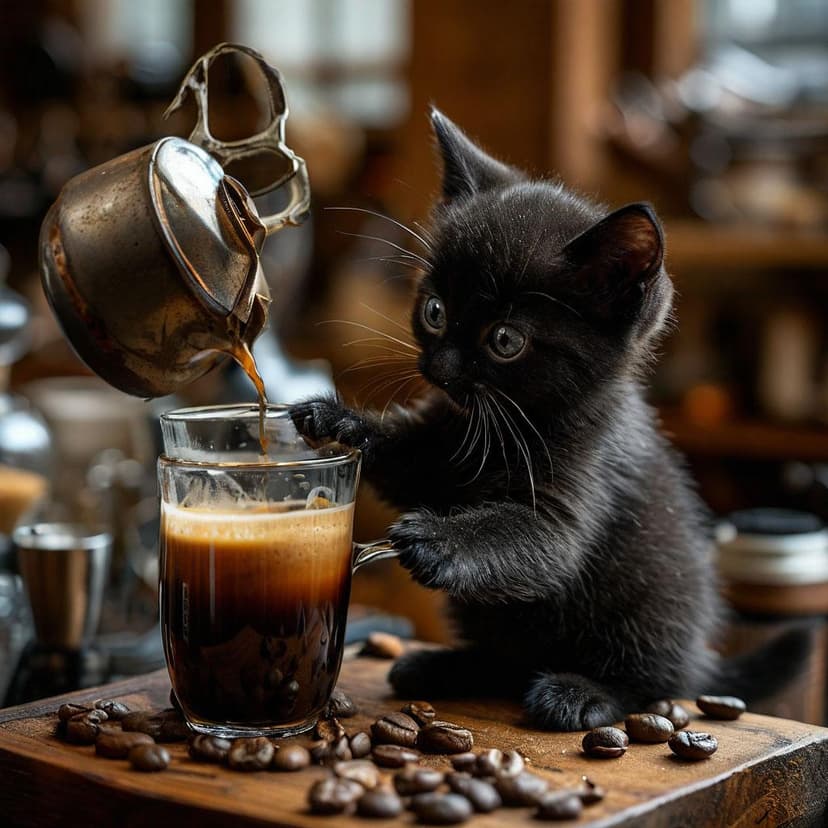 A tiny black kitten pours artisanal coffee with delicate care