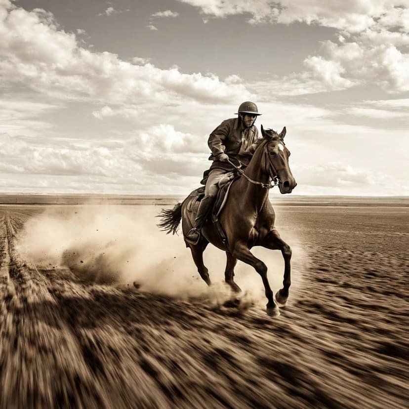 A monochrome steed blurs across the plains