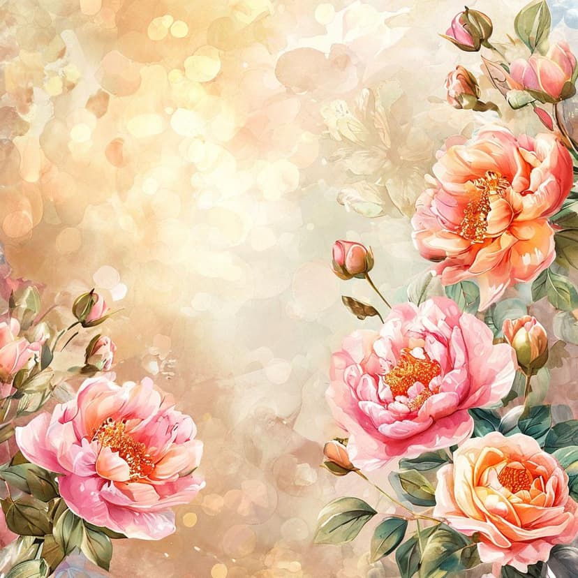 A soft watercolor scene with pastel peonies and roses