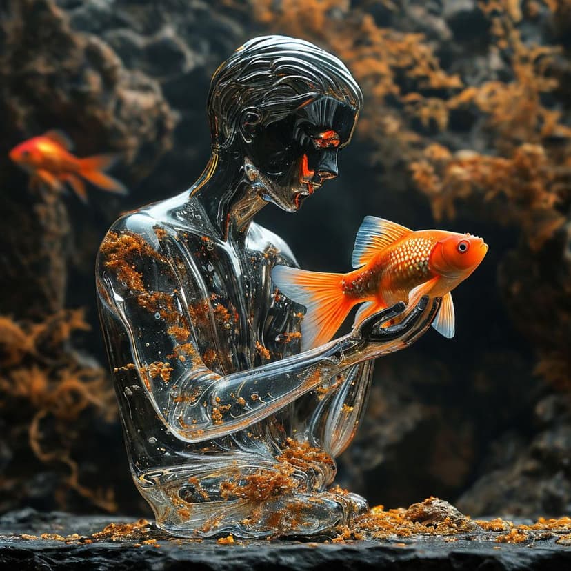A dreamlike figure of glass holds goldfish