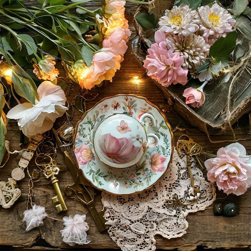 A charming illustrated flatlay with soft pastel flowers