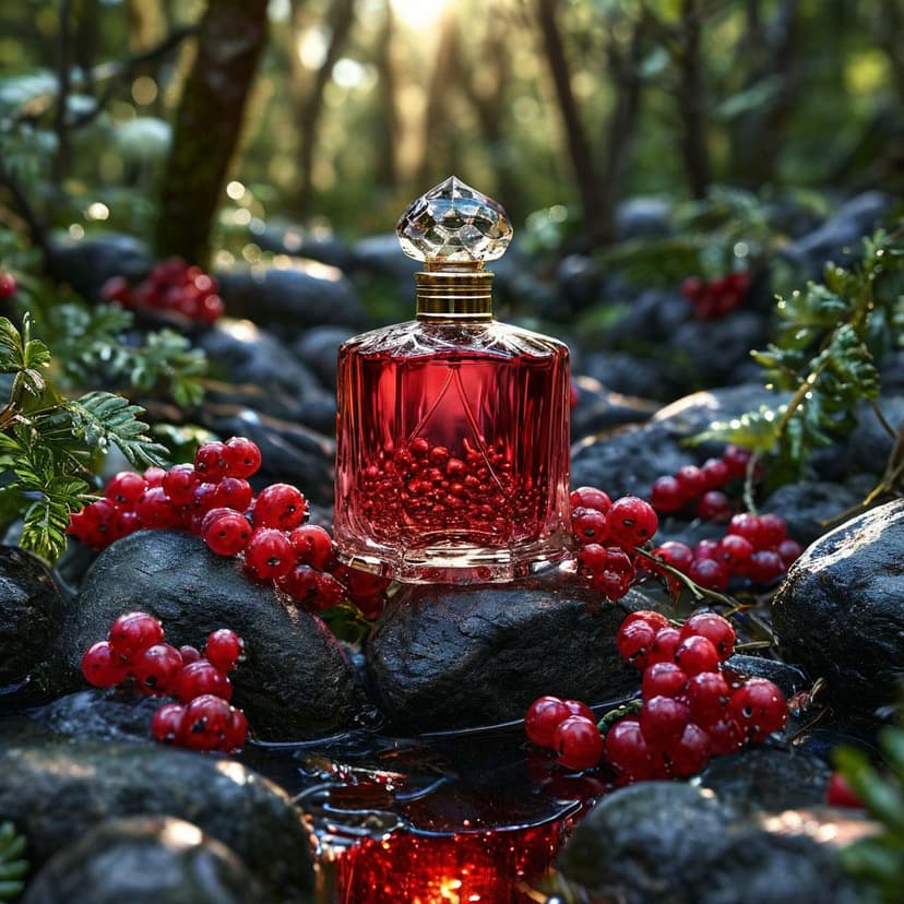 A crimson perfume bottle rests on dark stones among berries