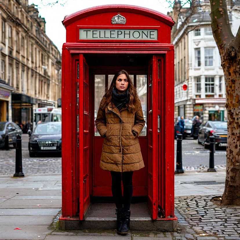 A woman stands inside a red telephone box