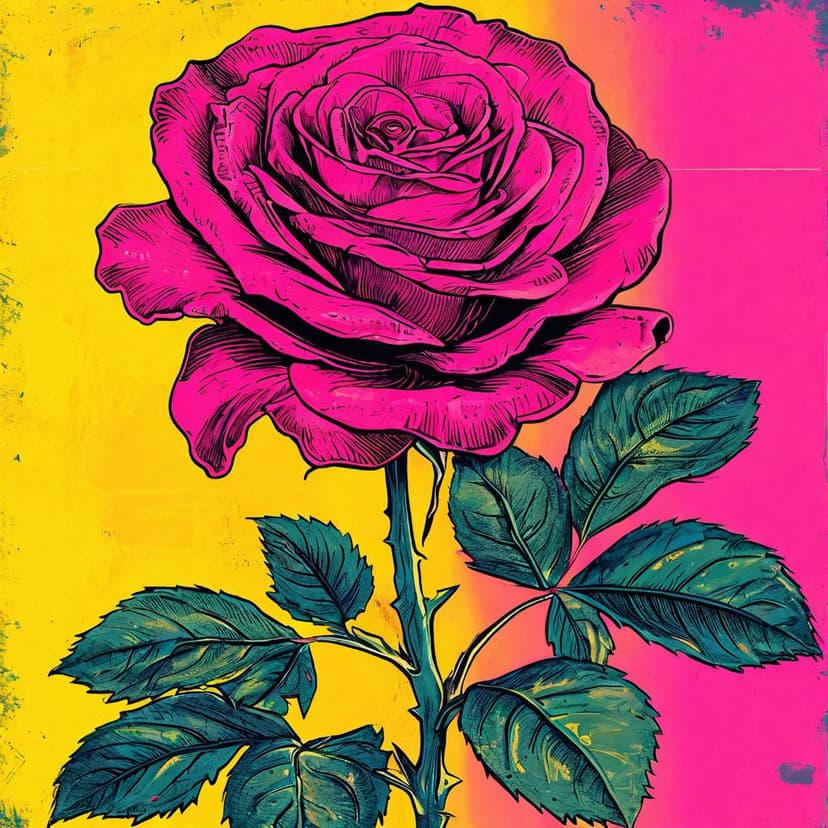 Vintage rose poster with neon acid tones and bold silhouettes