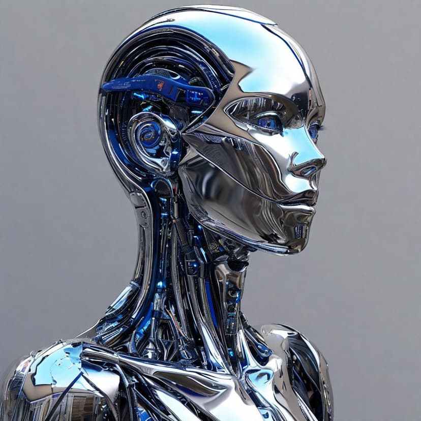 A sleek silver and blue AI human figure