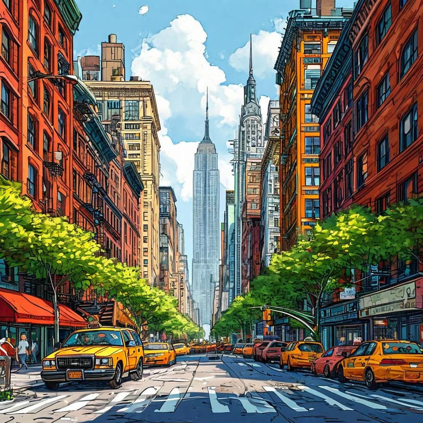 A bustling NYC cartoon scene with bright buildings