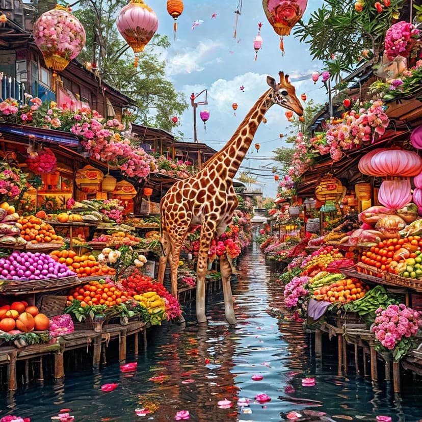 A giraffe woven from rose stems and peonies browses a floating market