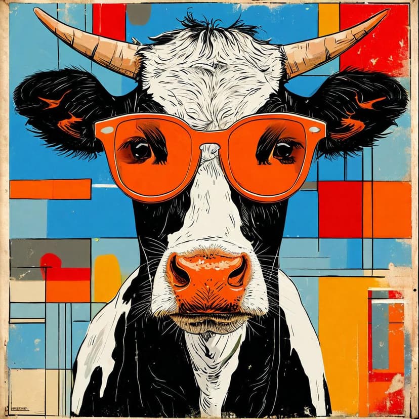 A cow in orange glasses stares from a chaotic Bauhaus poster