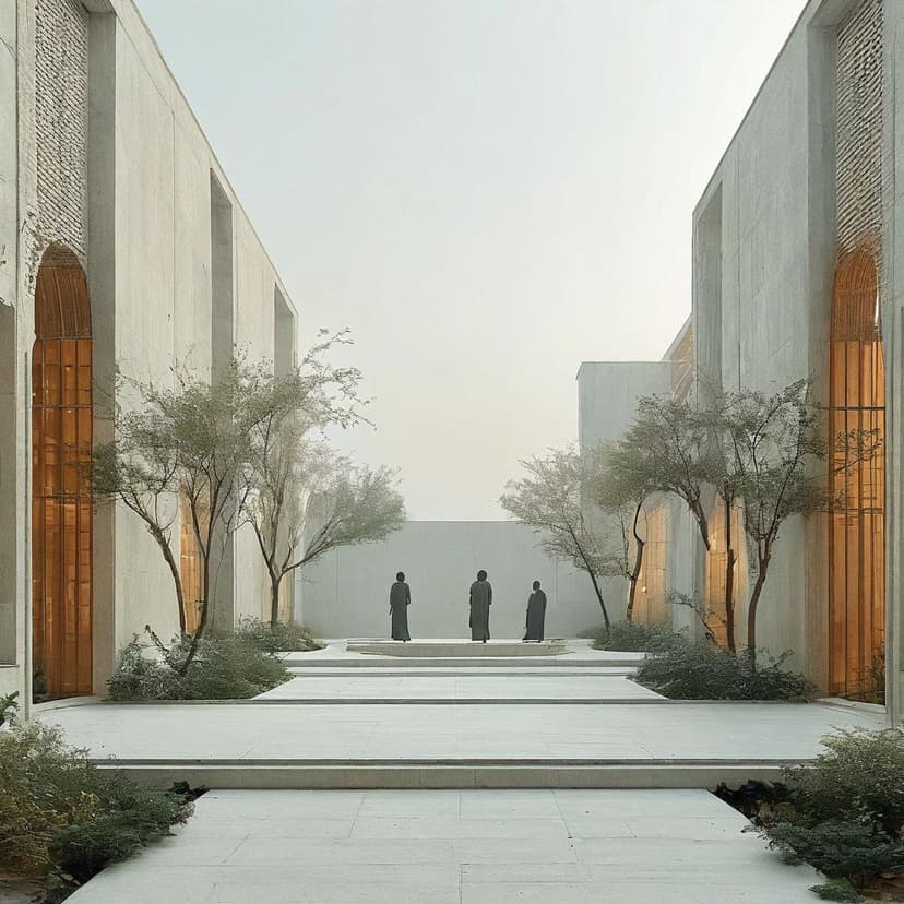 Misty peaks cradle ancient figures within jade-white courtyards—a minimalist stage evoking poetic stillness