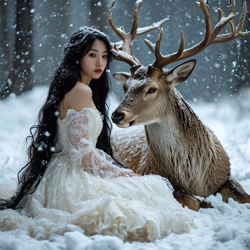 A young Asian woman in a white dress rests against a giant white deer in a snowy scene