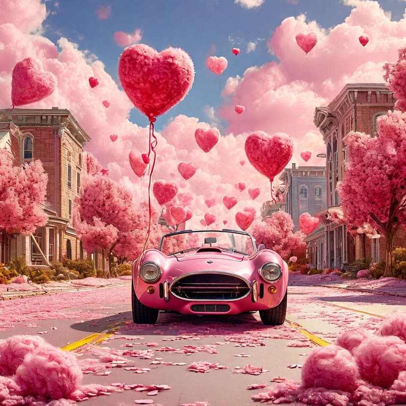 A Shelby Cobra cruises under pink marshmallow skies