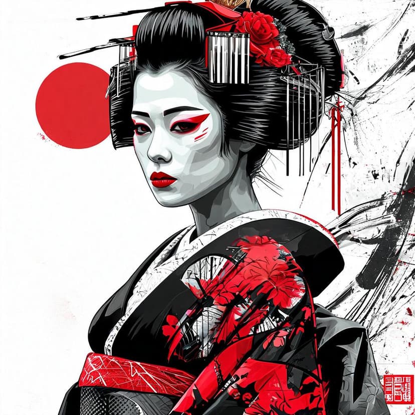 A cyberpunk geisha in stark black and white