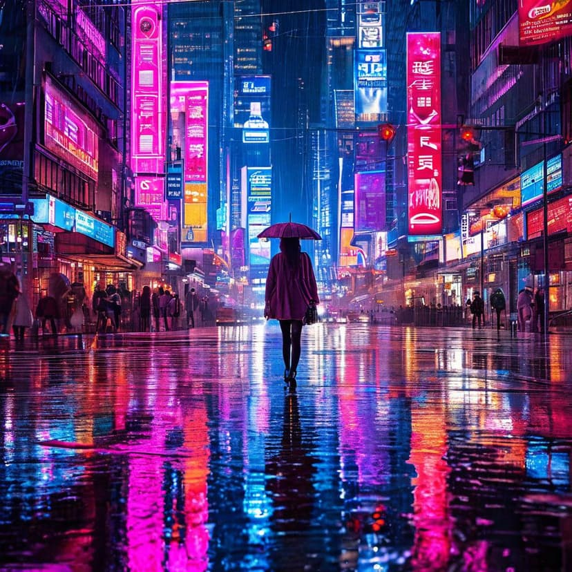 A neon-lit girl strides through the downpour
