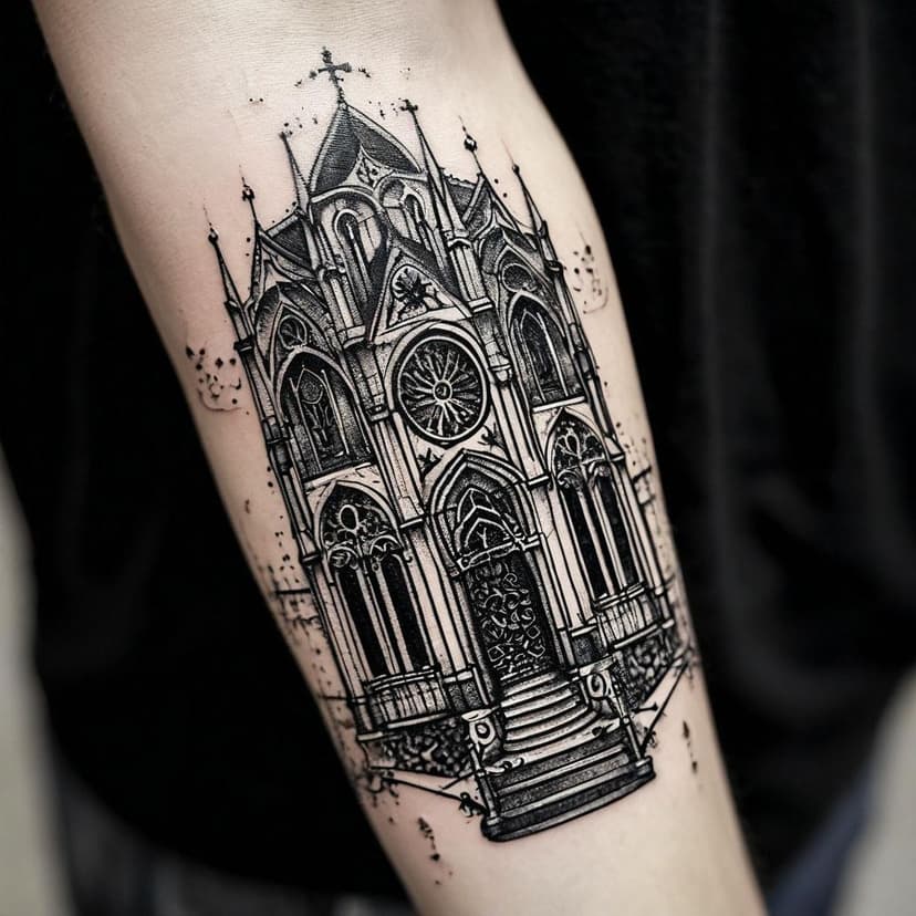 A gothic cathedral tattoo in stark blackwork
