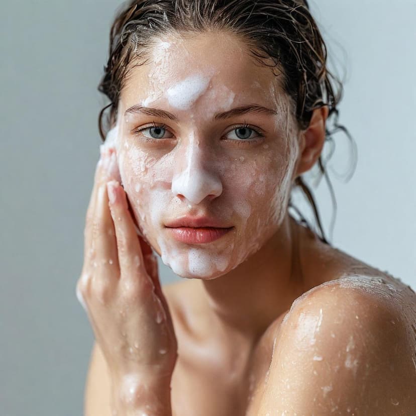 A fresh-faced model washes with soap