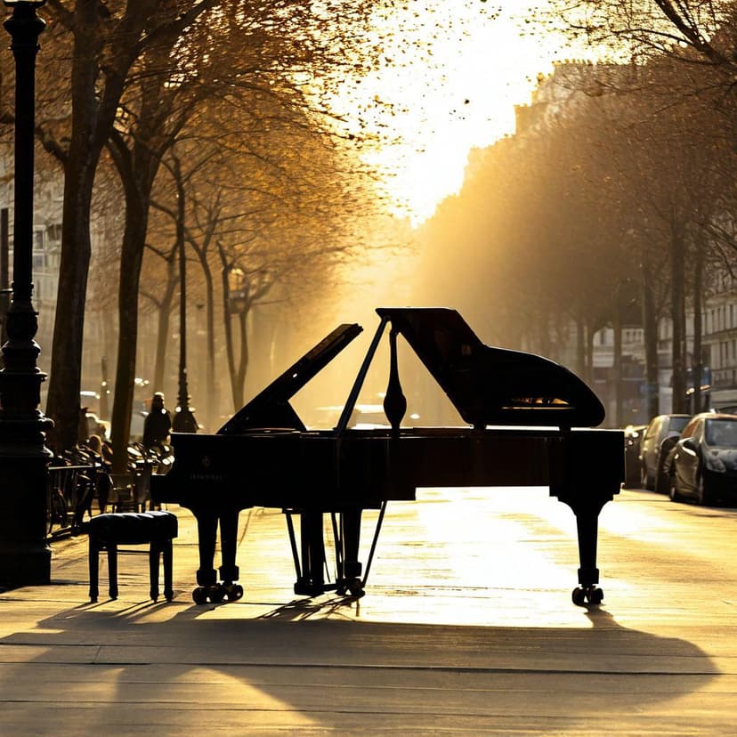 A Parisian pianist’s coffee-toned silhouette plays a quiet melody on a sunlit