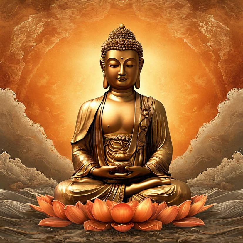 A golden Buddha meditates on a lotus