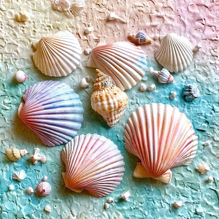 Soft pastel seashells drift across textured cream paper