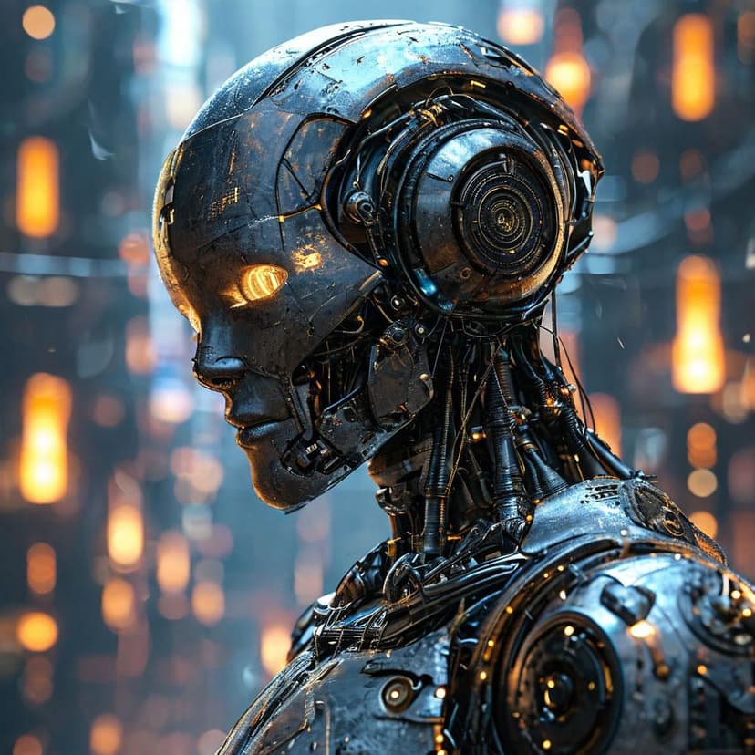 An enigmatic AI robot gazes intently from an ultra-realistic 8K image