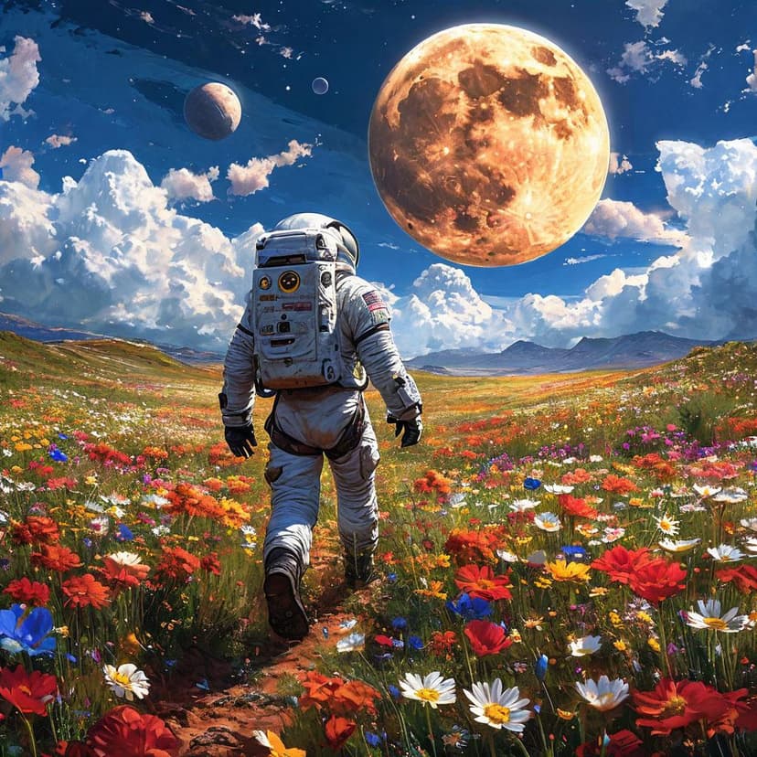 An astronaut walks through a field of vibrant wildflowers on a planet