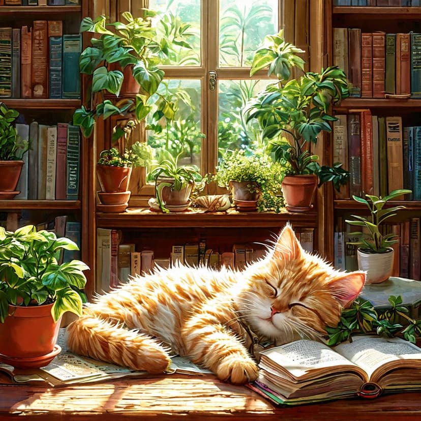 A fluffy anime cat naps in a sun-drenched pastel library
