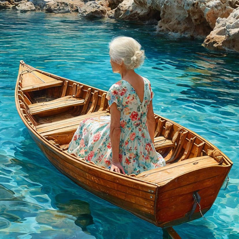 An elderly woman in a floral dress drifts in a wooden boat on clear blue water