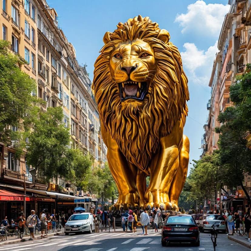 A golden-maned lion towers five stories high