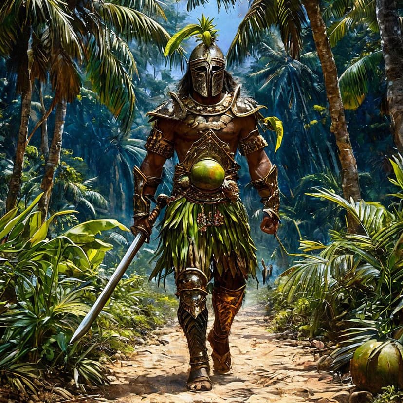 A warrior in coconut-leaf armor strides a dusty path