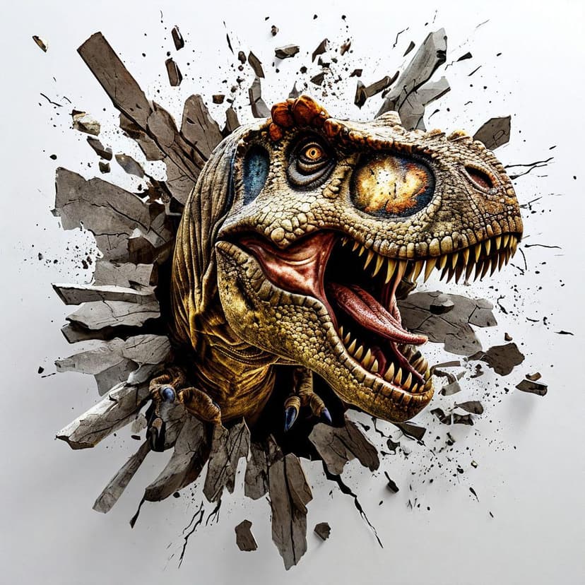 A T. rex explodes through a wall