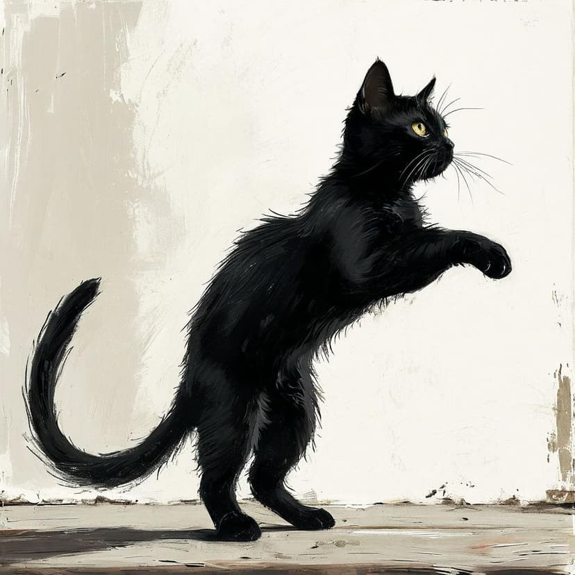 A sleek black cat dances playfully