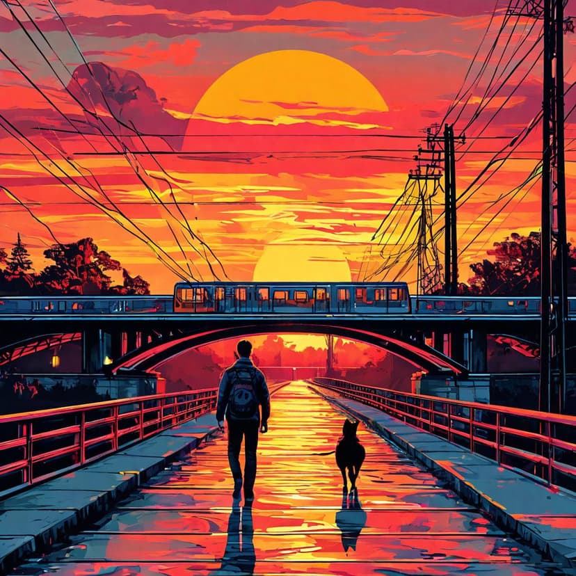 A man walks his dog on a sunset bridge as a train passes