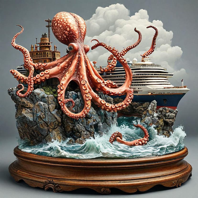 A desolate island beside a colossal octopus