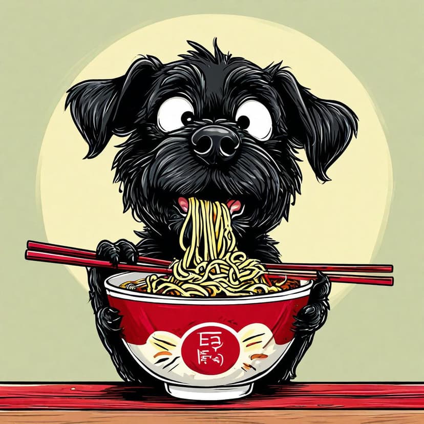 A goofy black dog with wide eyes grips a ramen bowl
