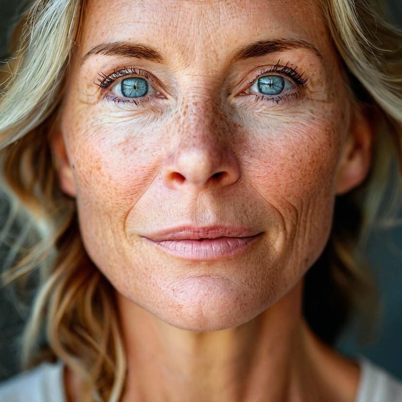 A 45-year-old woman with rosacea achieves a flawless