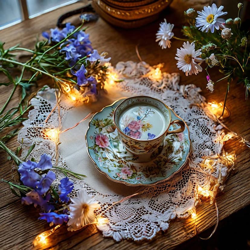 A soft illustrated flatlay of a teacup