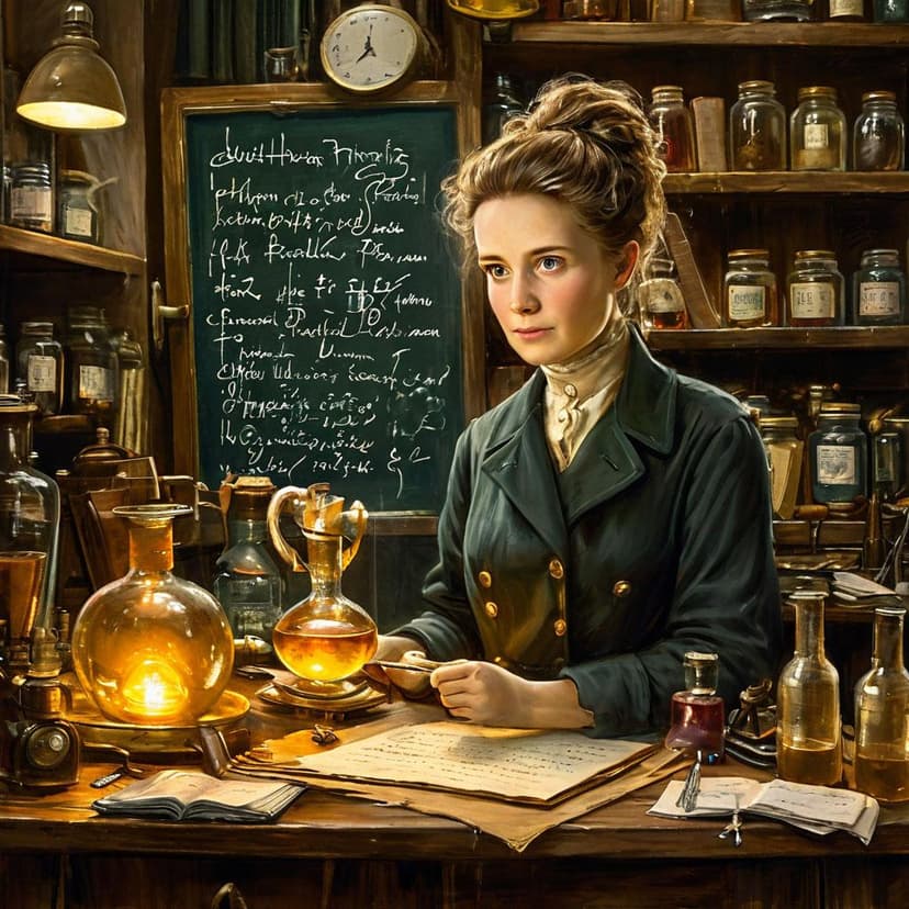 A glowing lab surrounds Marie Curie