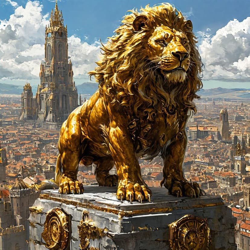 A towering lion of stone and gold surveys the chaos