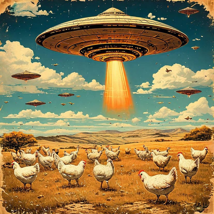 A UFO’s beam scatters chickens in a vintage sci-fi poster