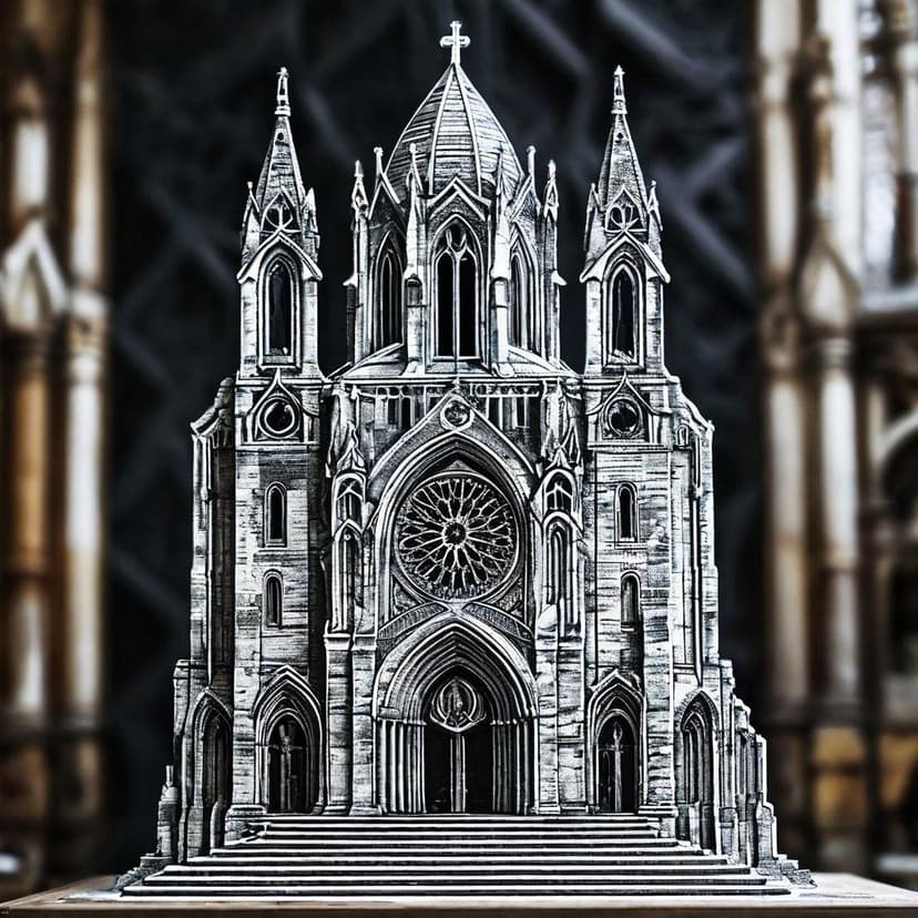 A blackwork cathedral rises in stark ink