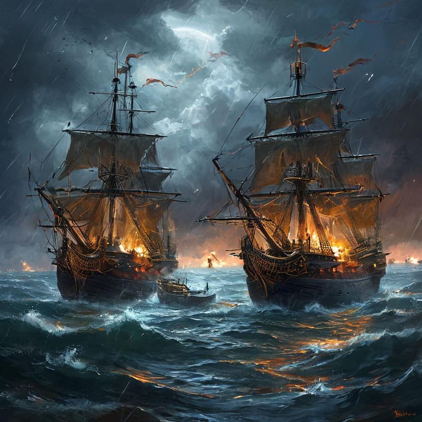 Two spectral galleons clash in the gloom