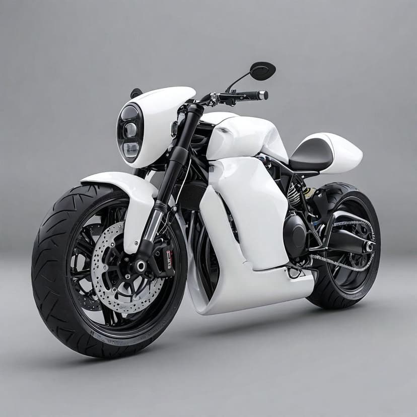 A minimalist Y2K-styled motorcycle in sleek white matte plastic