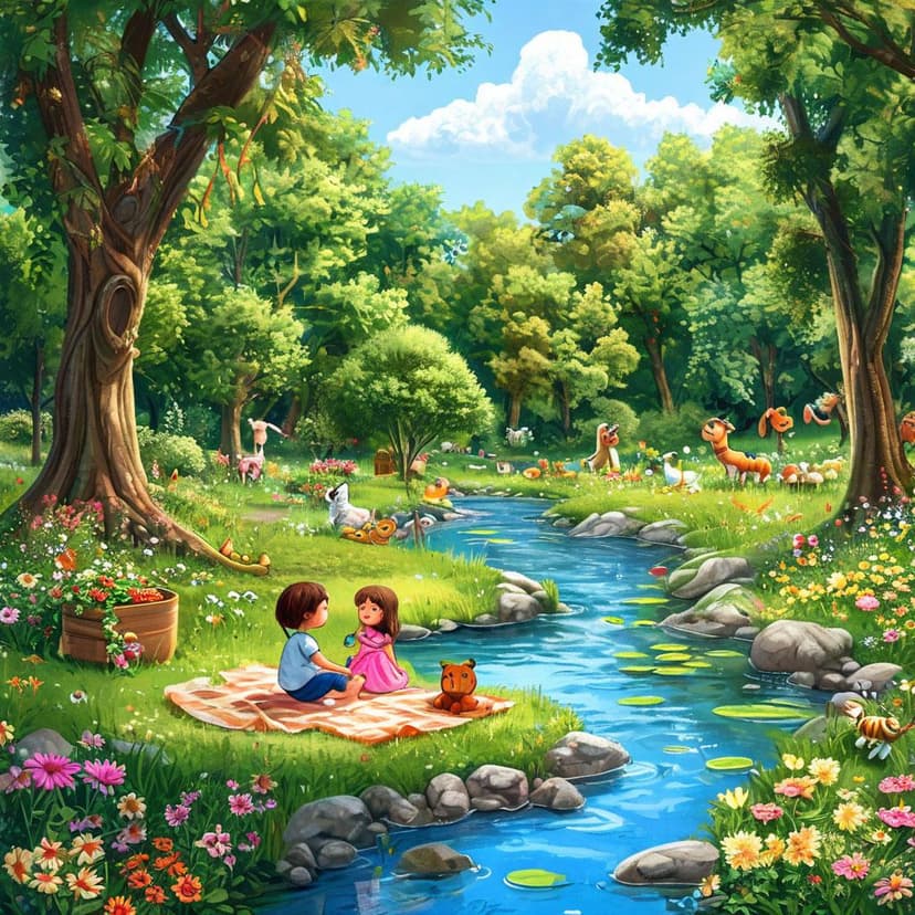 A sunny Pixar-style park scene: a cheerful boy and girl picnic near a babbling river