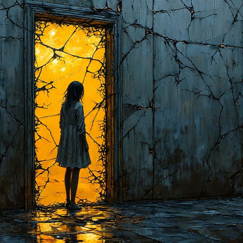 A solitary woman stands in fractured light